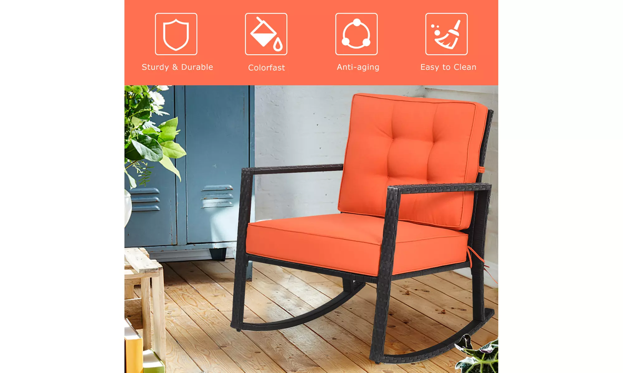 Costway Patio Rattan Rocker Chair Outdoor Glider Wicker Rocking Chair Cushion