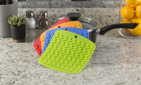 Silicone Pot Holder Trivet Mat Jar Opener Spoon Rest & Garlic Peeler - 4 Pc Multi-color