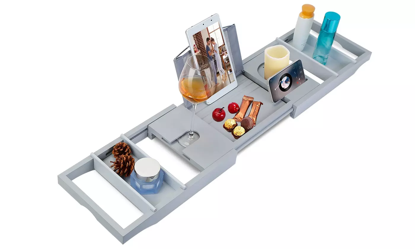 NewHome Bamboo Extendable Bathtub Caddy Tray Spa-Style Bath Shelf Table
