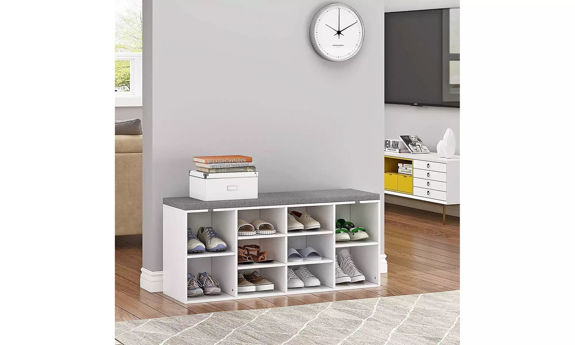 Shoe Storage Organization Rack Bench with 10 Cubbies & Cushion Seat,Gray - Primary Image