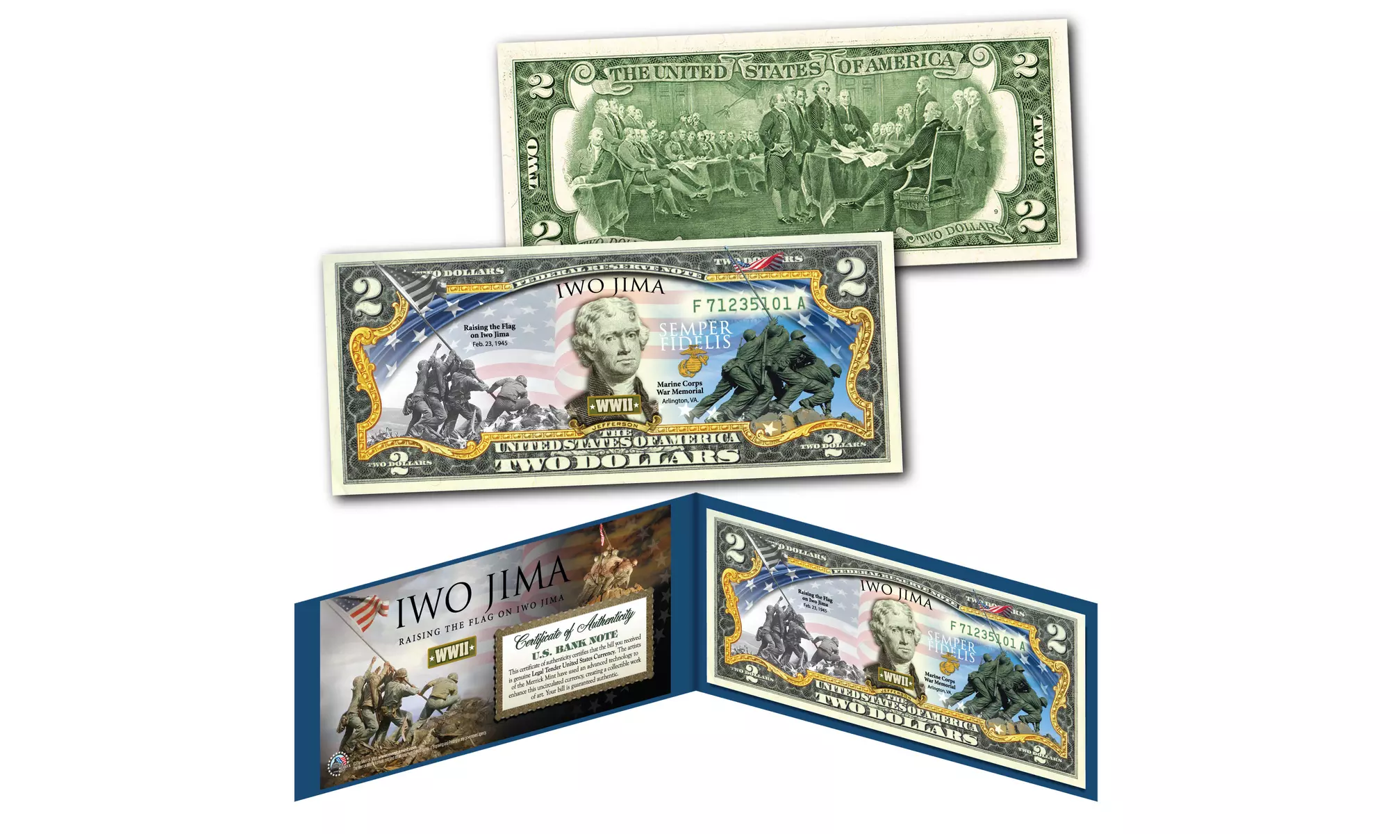 Iwo Jima Raising the Flag "Then & Now" WWII Official Legal Tender 2 Dollar Bill