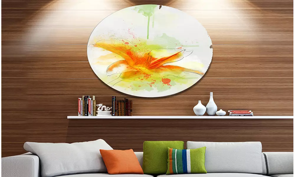 Yellow Red Flower with Color Splashes' Floral Metal Round Wall Decor - Primary Image