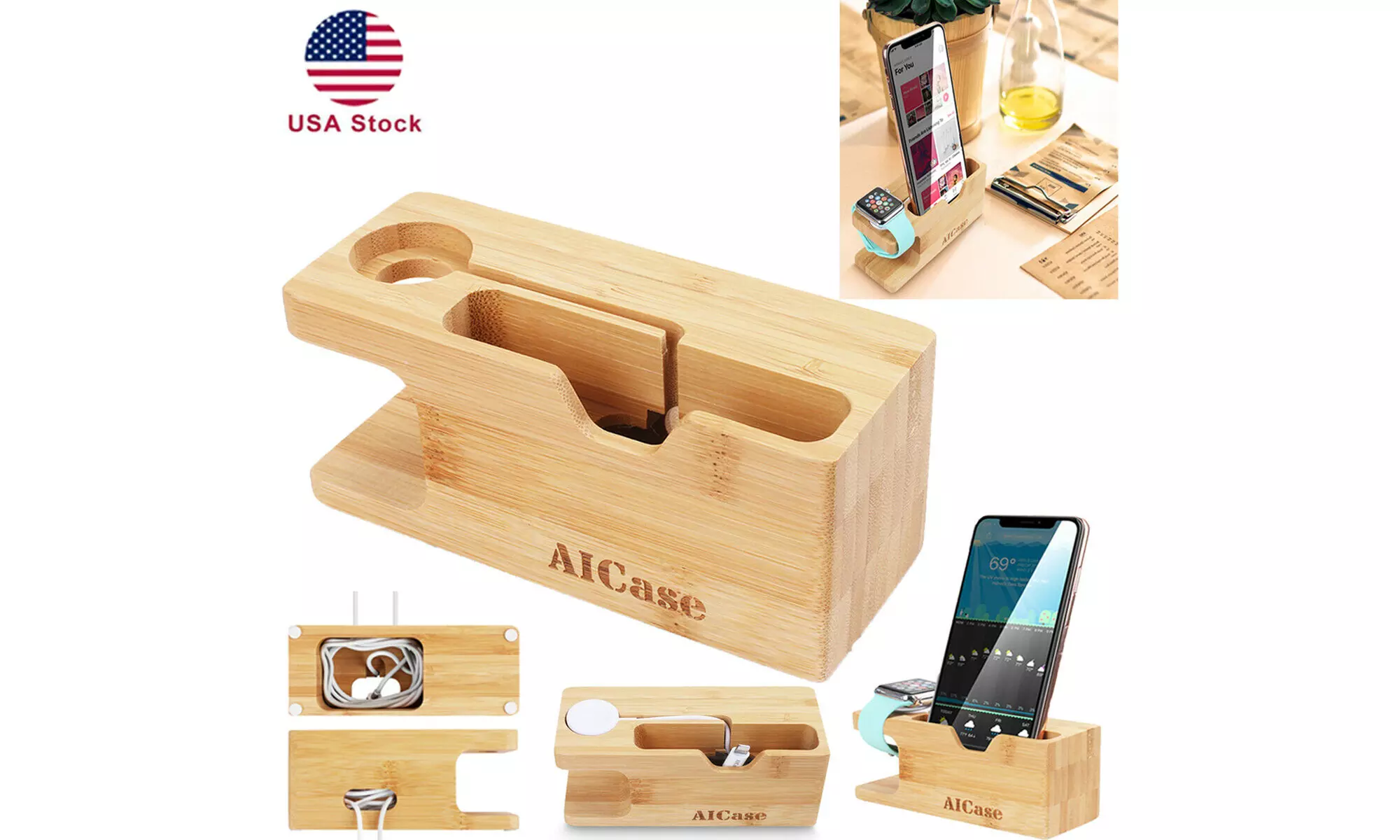 Bamboo Charging Station Dock Stand Holder For Apple Watch iPhone iPad - Primary Image