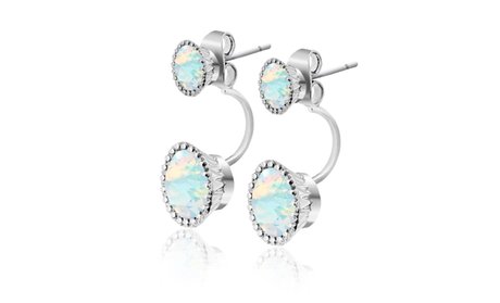 Silver-Tone Brass Round Moonstone Front to Back Earring