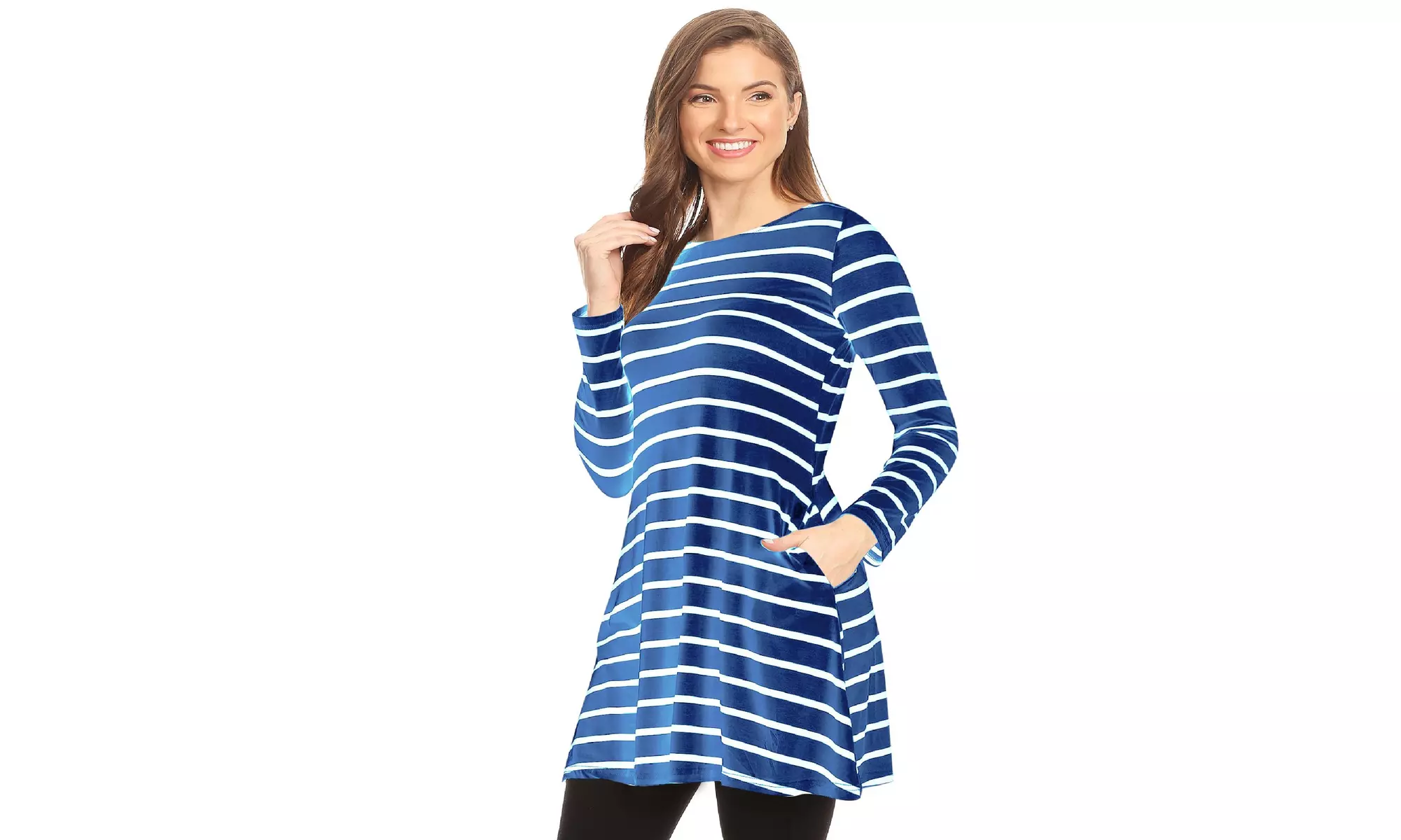 Striped A-Line Pockets Long Sleeves Relaxed Fit Dress Tee Top