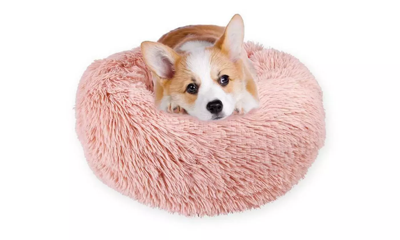Calming Donut Dog Cuddler Bed Fluffy Faux Fur Plush Dog Cat Cushion Bed