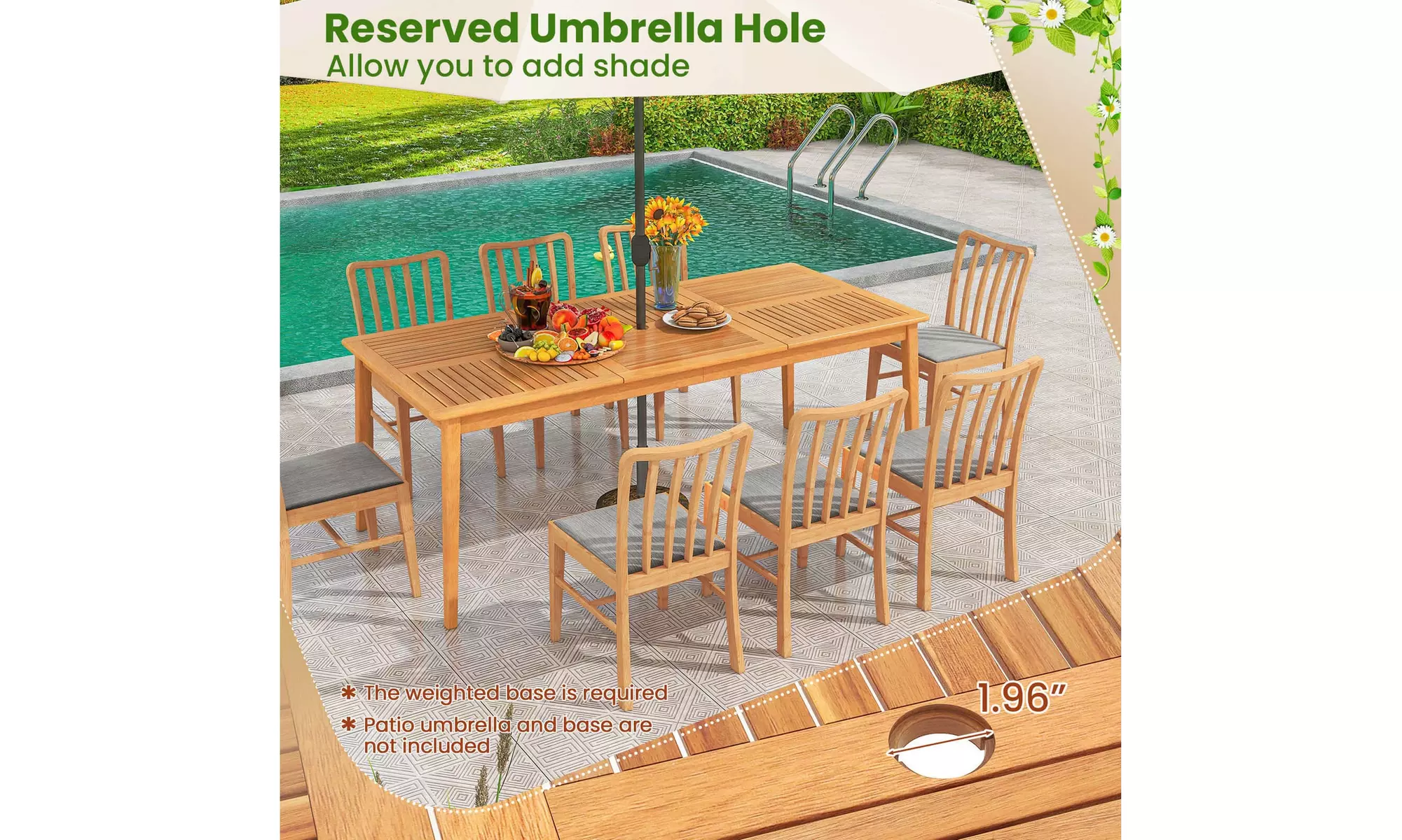 Costway 6/8-Person Outdoor Acacia Wood Dining Table with 1.96" Umbrella Hole