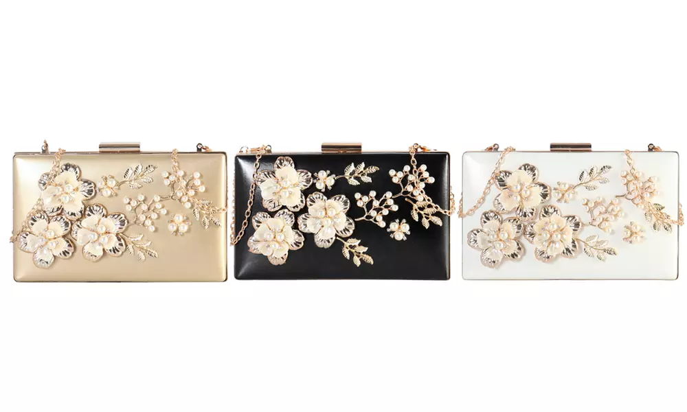 PU Leather Front Solid Floral Clutch with Removable Chain Strap - Primary Image