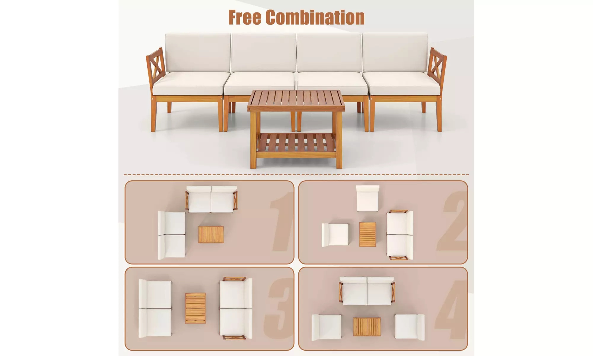 Costway Acacia Wood Patio Furniture Set with Cushions and 2-Tier Coffee Table