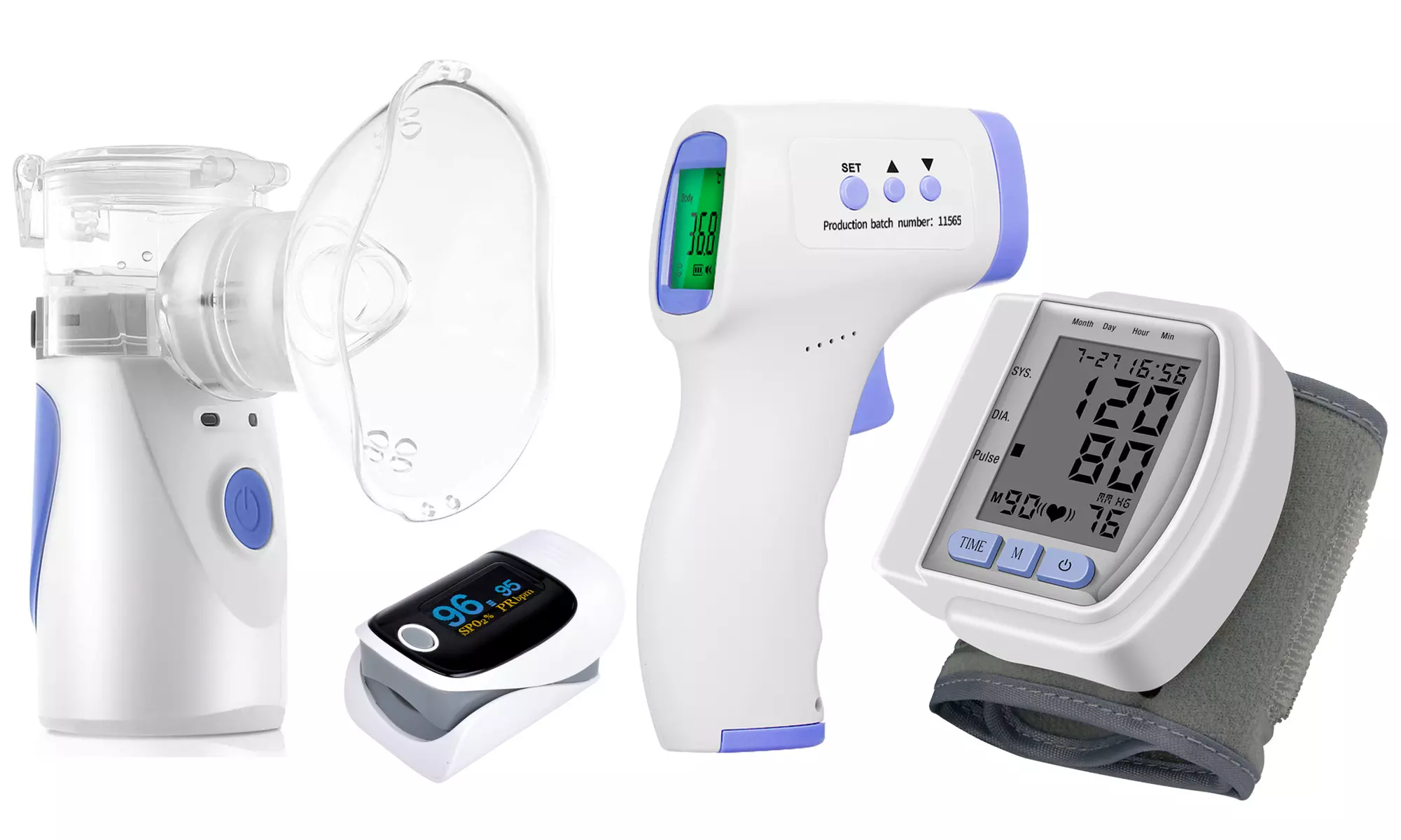 Forehead Thermometer, Pulse Oximeter, Handheld Nebulizer, Blood Pressure Monitor - Primary Image