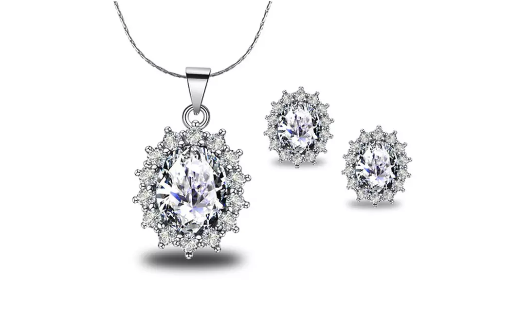 2 Cttw Oval White Sapphire 18 Inch Necklace And Earrings Set In 18k Gold plated. - Primary Image