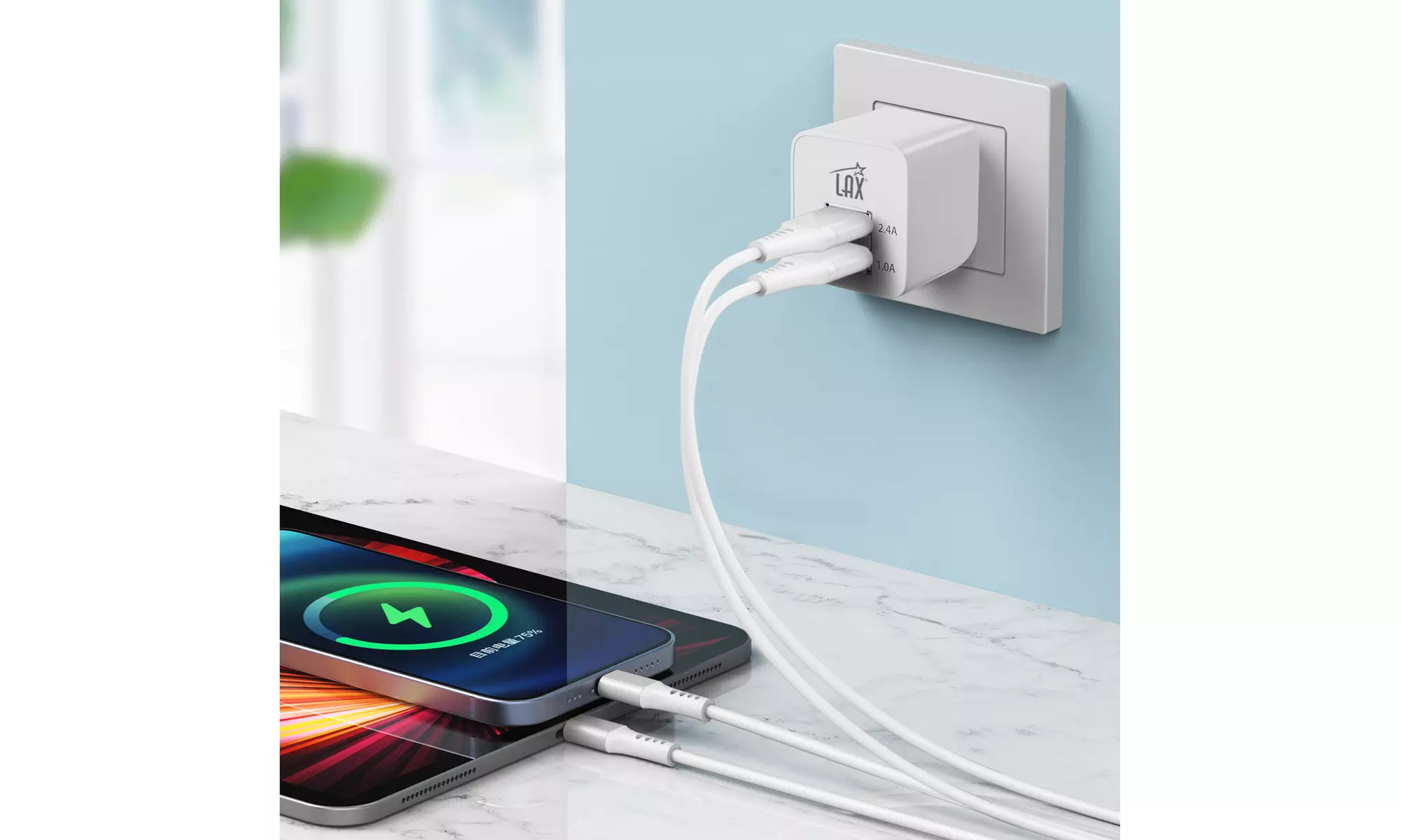 LAX Dual USB 2.4A Wall Charger - Ultra Compact, Travel Friendly for Smartphones - Primary Image