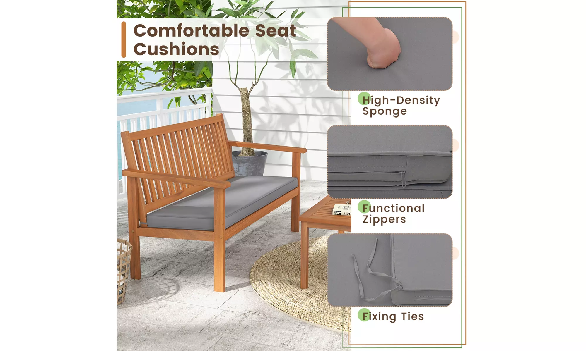 Costway 4 PCS Patio Wood Furniture Set with Loveseat, 2 Chairs & Coffee Table
