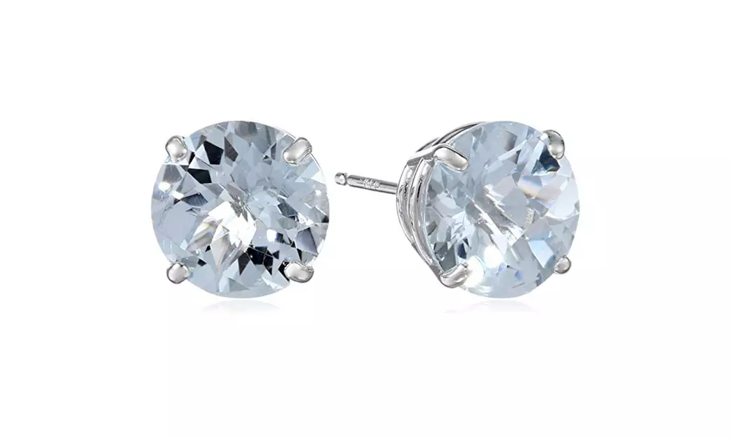 10k White Gold Plated 8 MM Round Aquamarine Stud Earrings - Second Medium