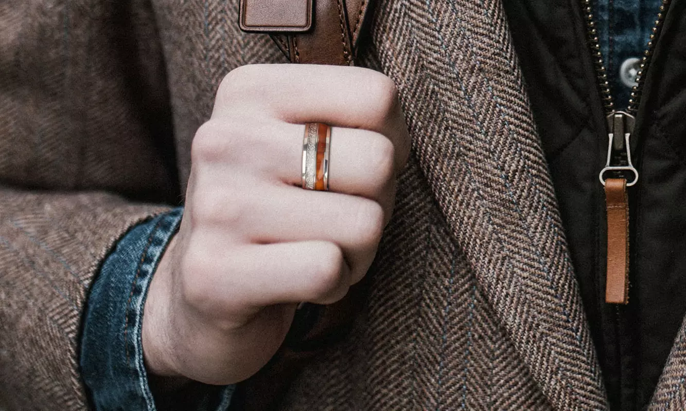 Silver Whiskey Barrel Ring Wooden Meteorite Wedding Engagement Band Ring