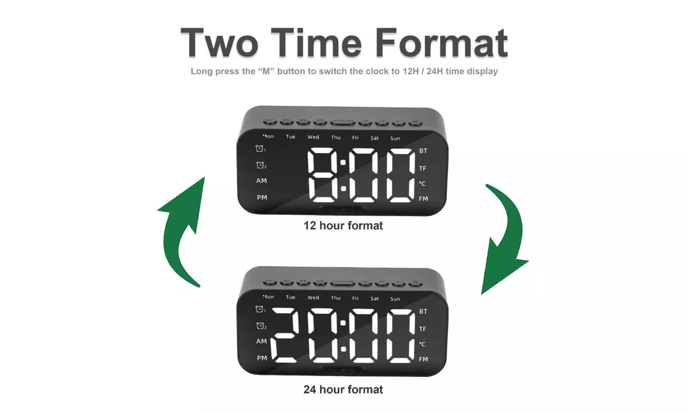 Portable Digital Alarm Clock FM Radio Wireless Bluetooth Mirror LED With Speaker