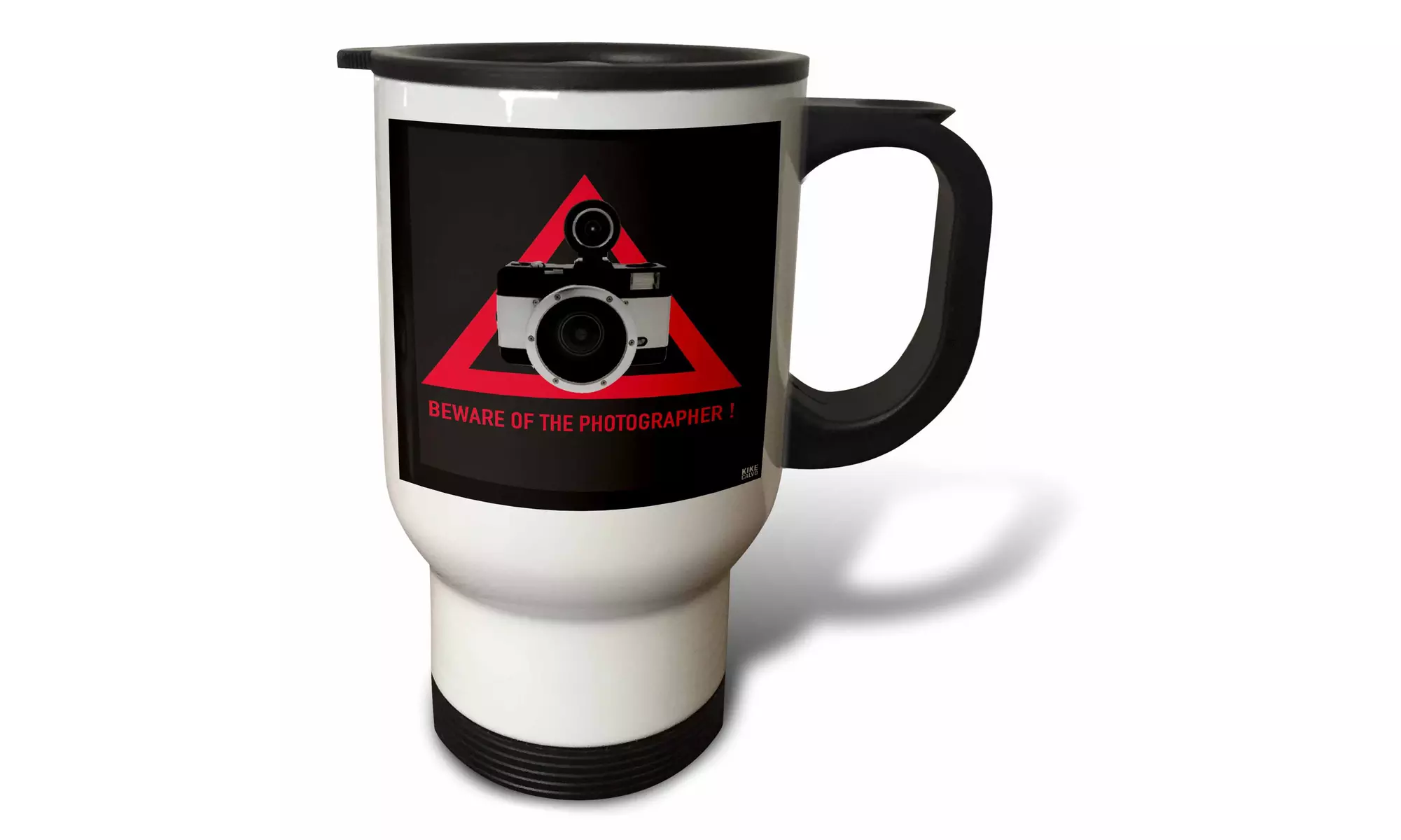  Travel Mug Beware of the photographer.Red text and triangle, black background, - Primary Image
