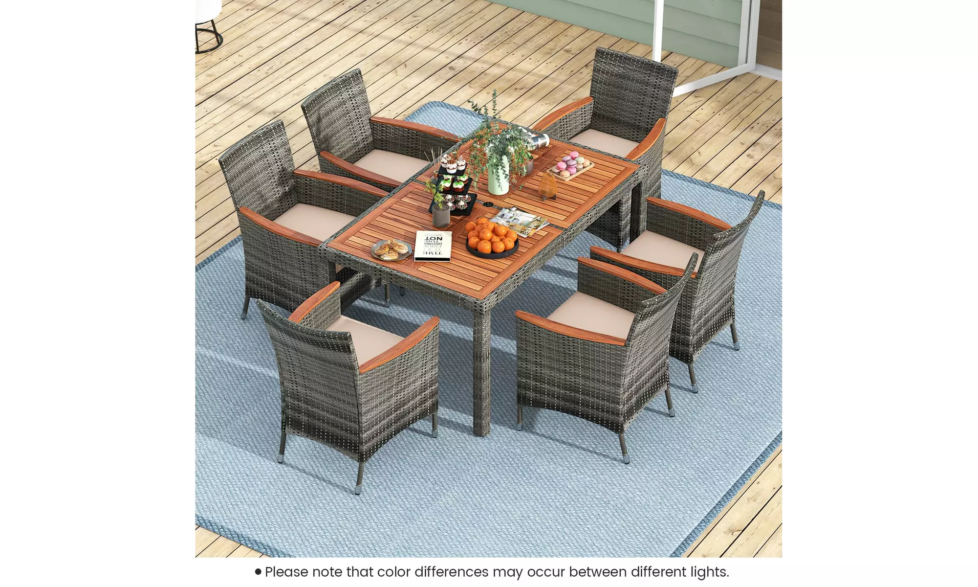 Costway 7 Pieces Outdoor Wicker Dining Set with Acacia Wood Table and 6 Chairs