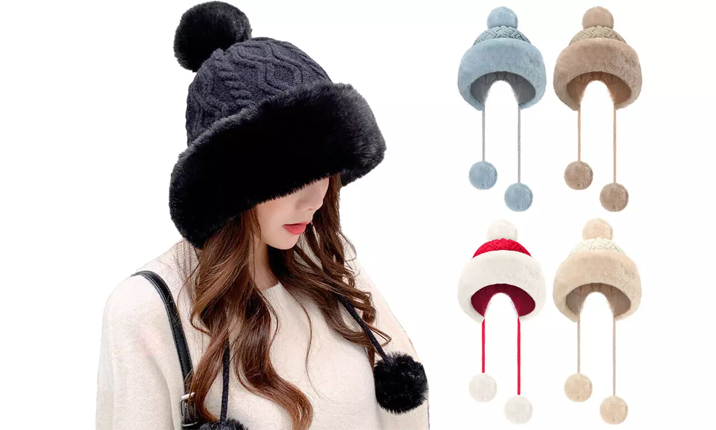 Women Winter Warm Faux Fur Knit Pom Pom Hat Beanie Bobble Ski Fleece Lined 