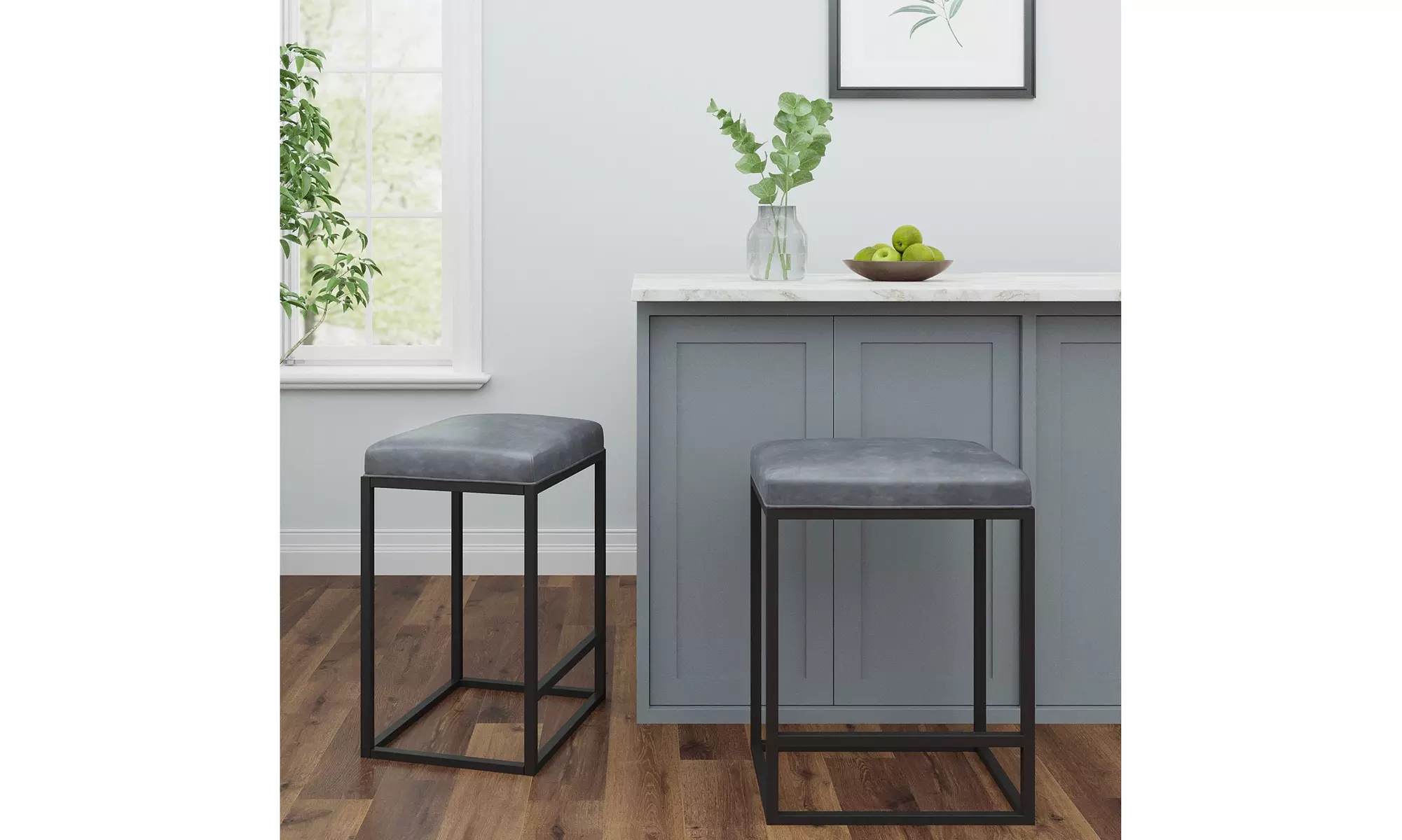 Set of Two Riley Indoor Gray Metal Faux Leather Bar Stools