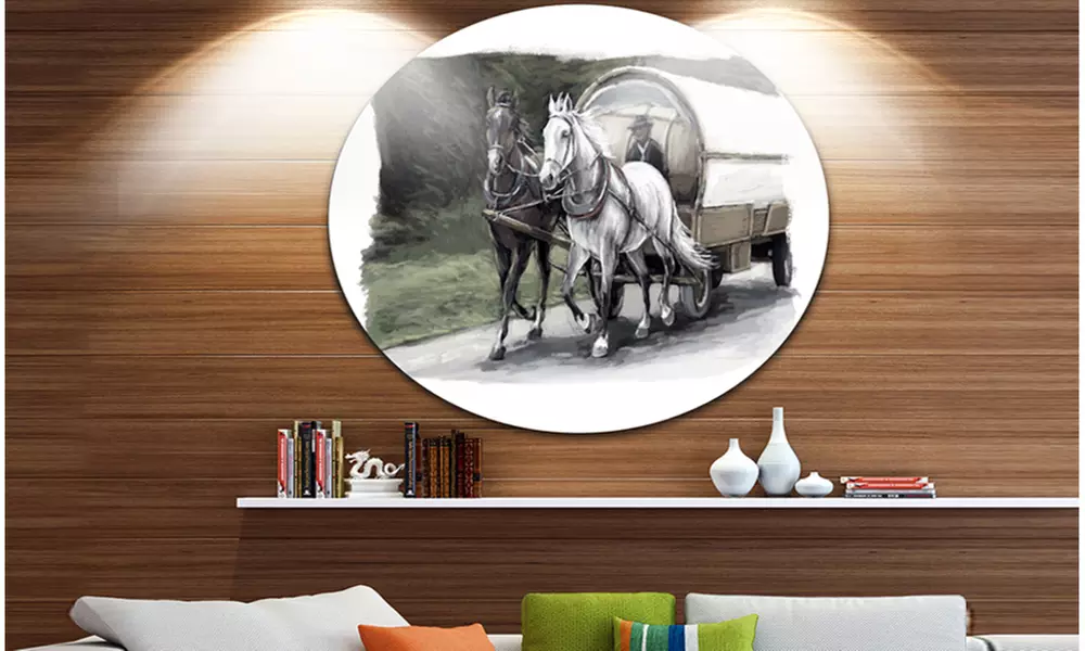 Horse Cart Black and White' Animal Painting Circle Metal Wall Art - Primary Image