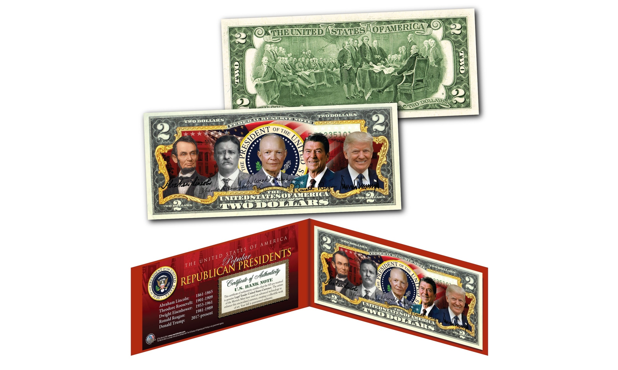 Republican Presidents Trump Lincoln Reagan Colorized Genuine 2.00 Dollar Bill