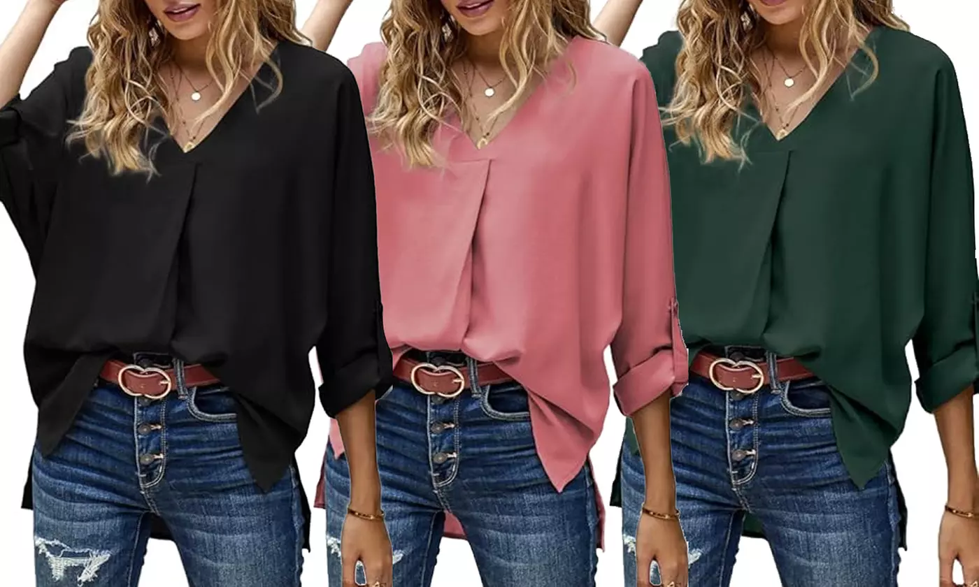Women Summer 3/4 Sleeve V Neck Chiffon Tops Blouse Shirts - Primary Image