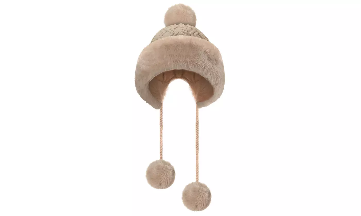 Women Winter Warm Faux Fur Knit Pom Pom Hat Beanie Bobble Ski Fleece Lined 