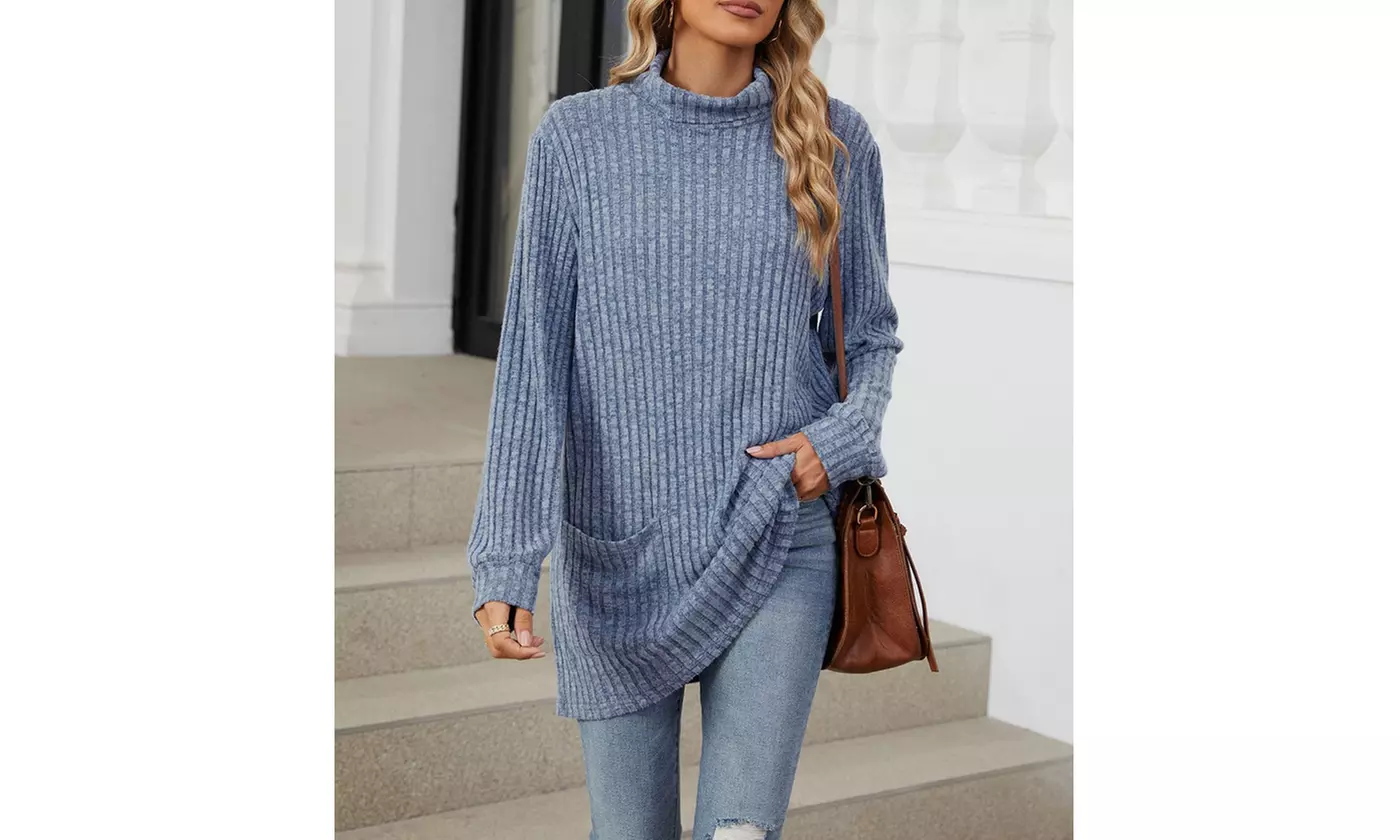 Womens Lightweight Turtleneck Long Sleeve Knit Tunic Top with Pockets