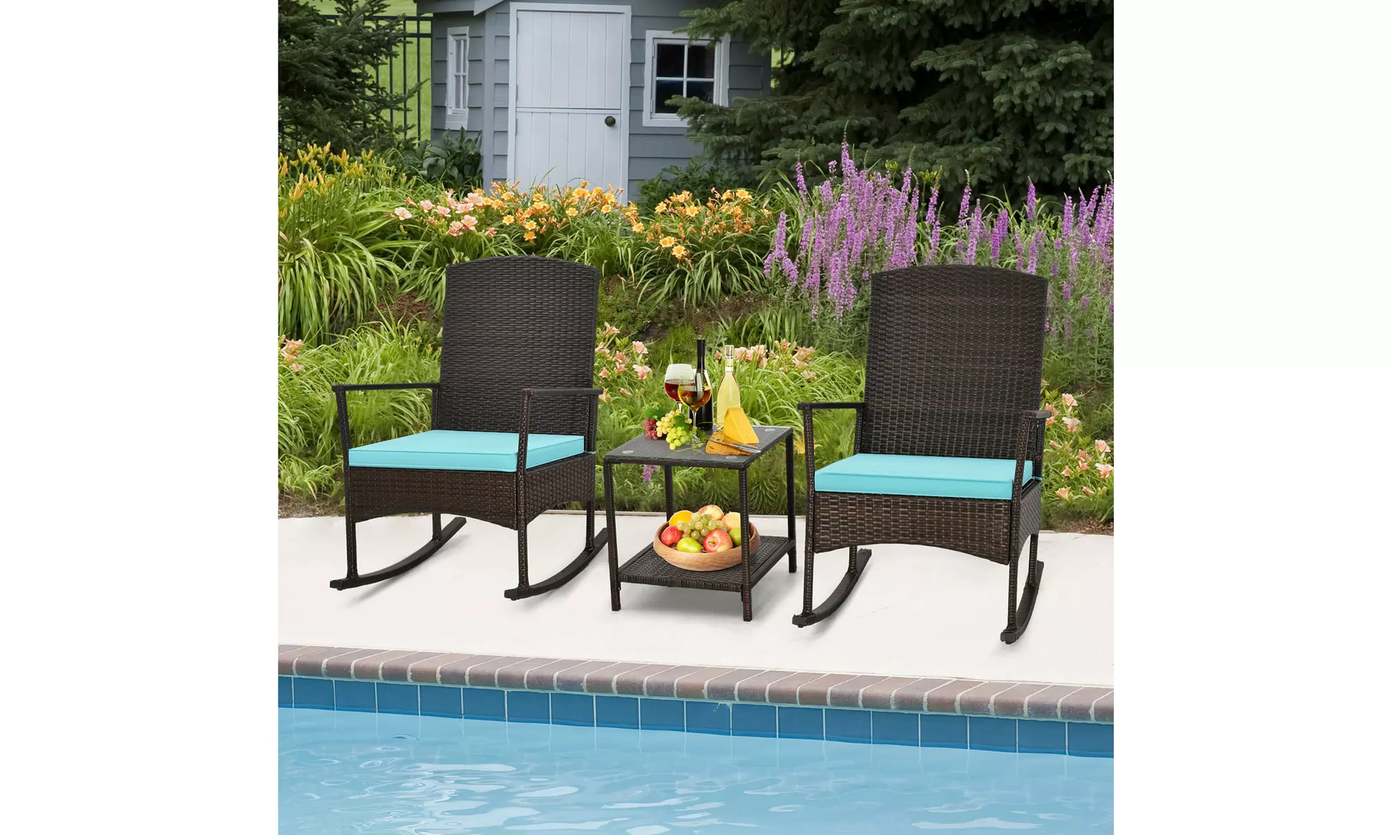 Costway 3 Piece Wicker Patio Set With Rocking Chairs & 2-Tier Coffee Table