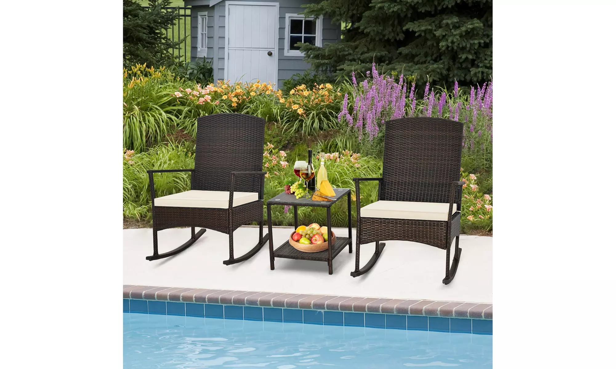 Costway 3 Piece Wicker Patio Set With Rocking Chairs & 2-Tier Coffee Table