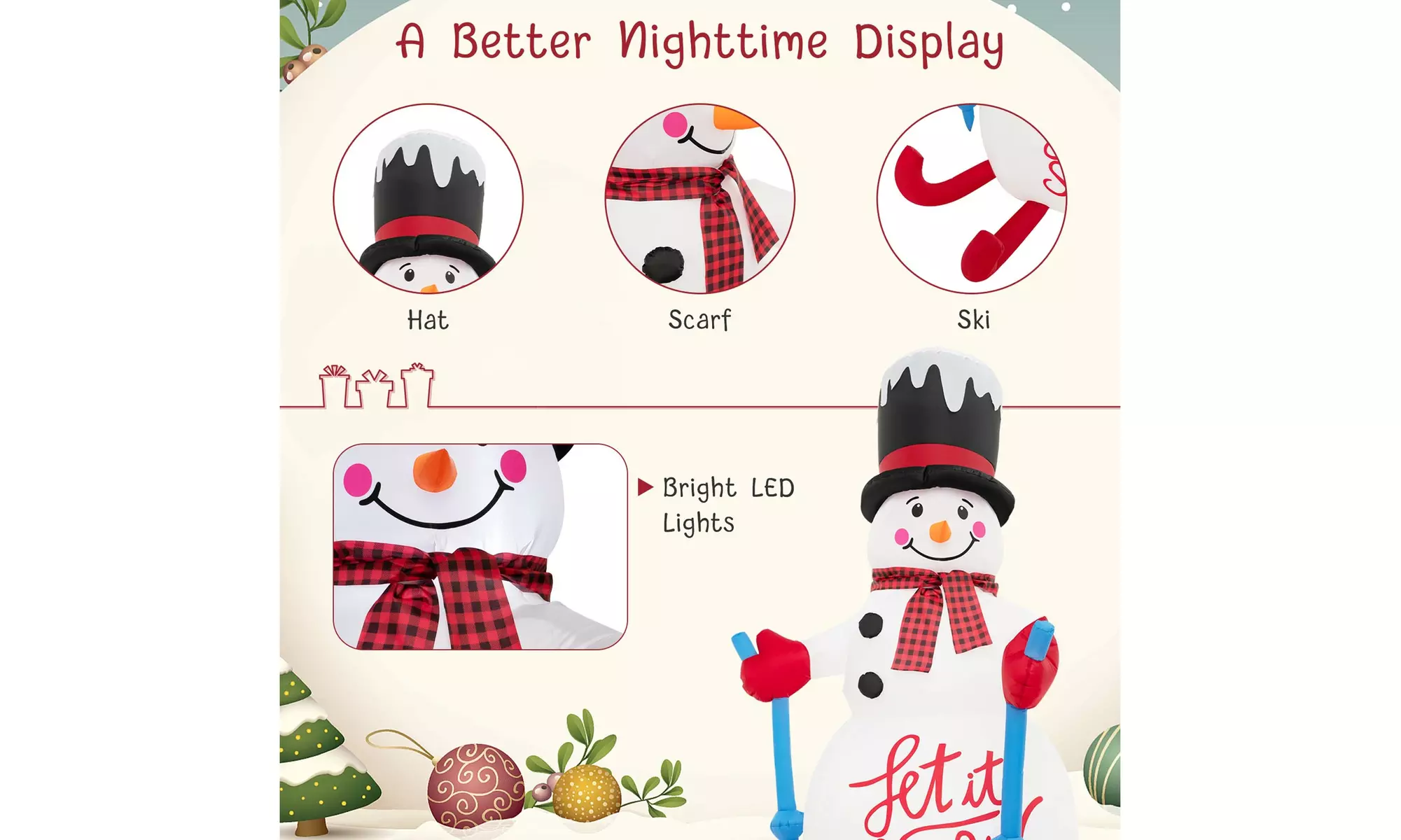 Costway 6FT Inflatable Christmas Skiing Snowman Blow up Party Decor LED Lights