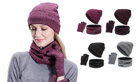 Winter Warm Knit Fleece Lined Beanie Hat Scarf Touchscreen Gloves Set Rose Red