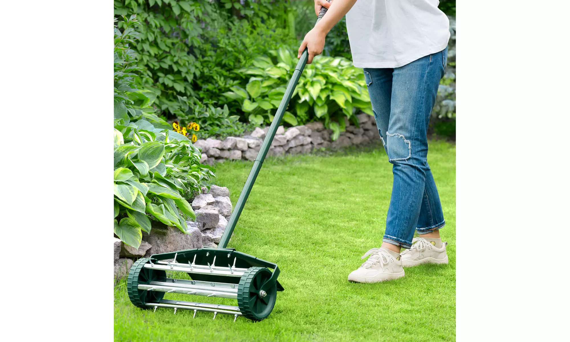 18-inch Rolling Lawn Aerator Rotary Push Tine Spike Soil Aeration W/Fender - Primary Image