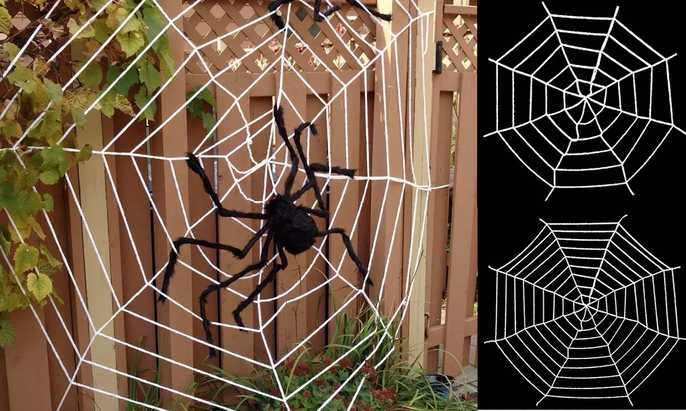Round Spider Web Stretch Cobweb with Giant Hairy Spider Halloween Themed Decor - Primary Image