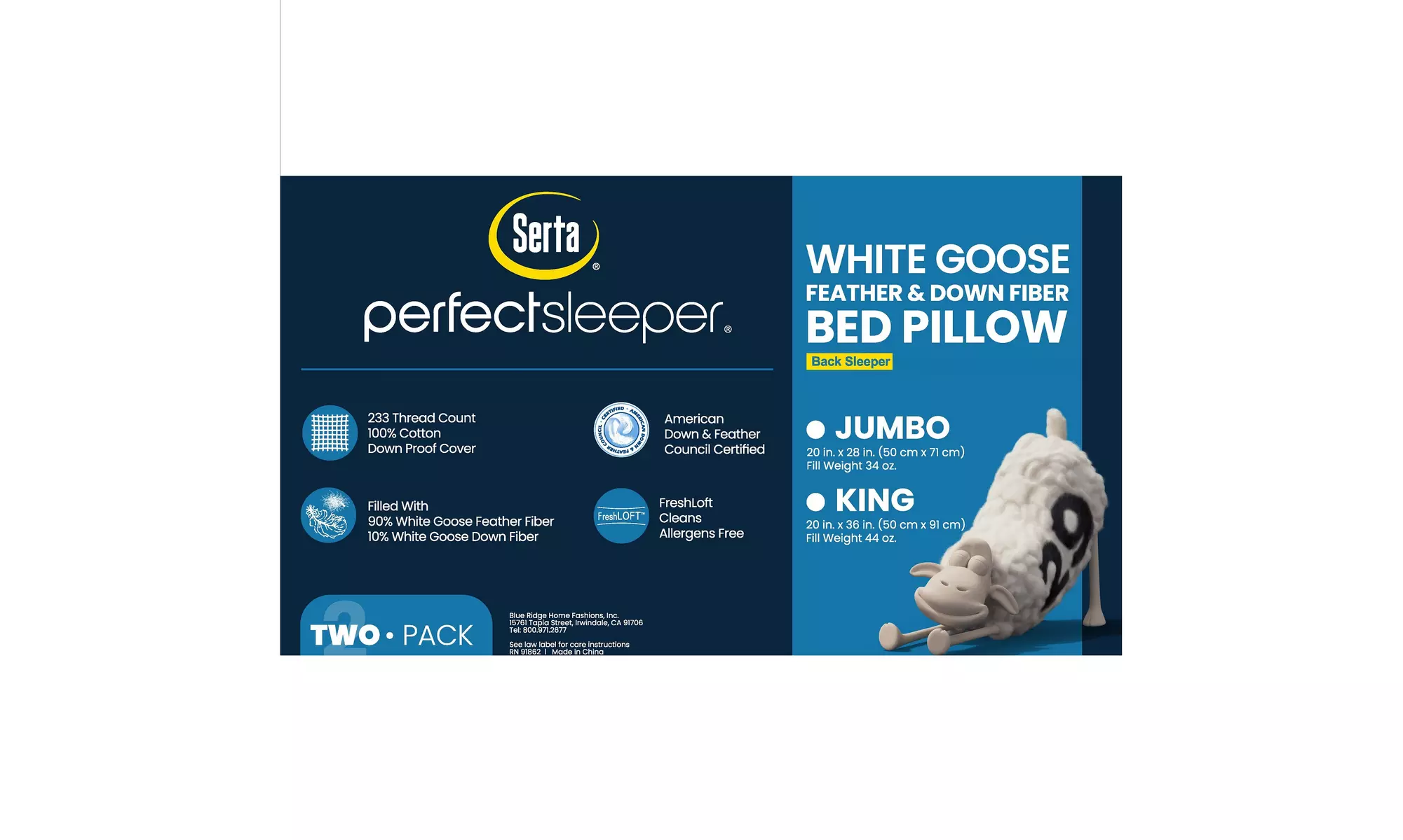 Serta Back-Sleeper White Goose Feather & Down Fiber Pillows (2-Pack)