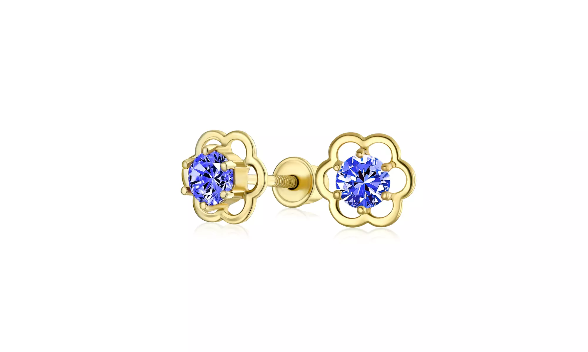 Open Flower Earrings Cubic Zirconia Real 14K Yellow Gold Screwback - Primary Image