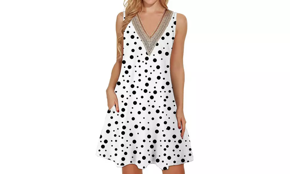 Women Lace Trim V Neck Sleeveless Dress with Pockets S-2X