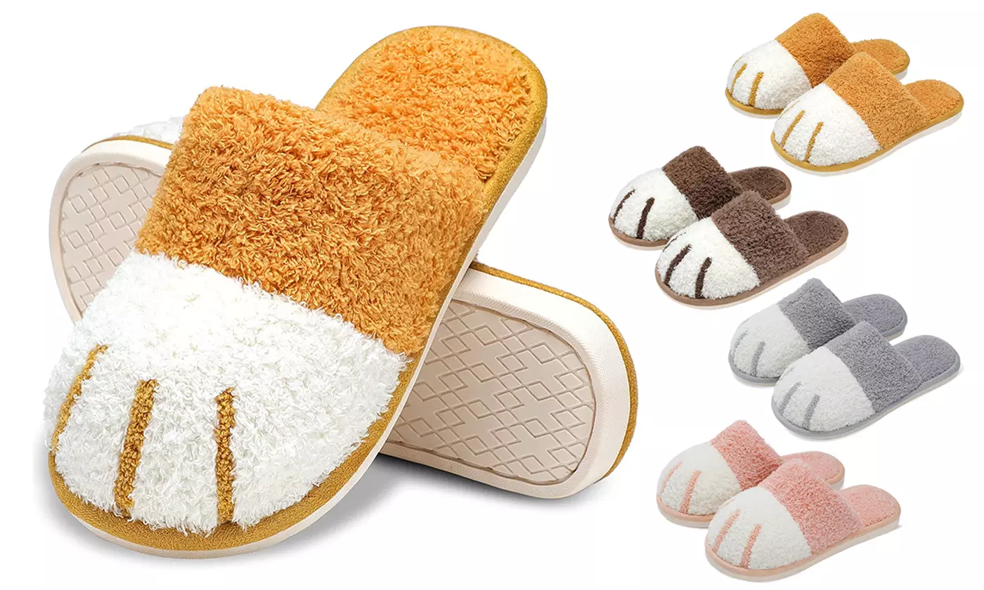 Soft Warm Plush Non-Slip Cute Cat Paw Animal Slippers Indoor Outdoor Shoes 