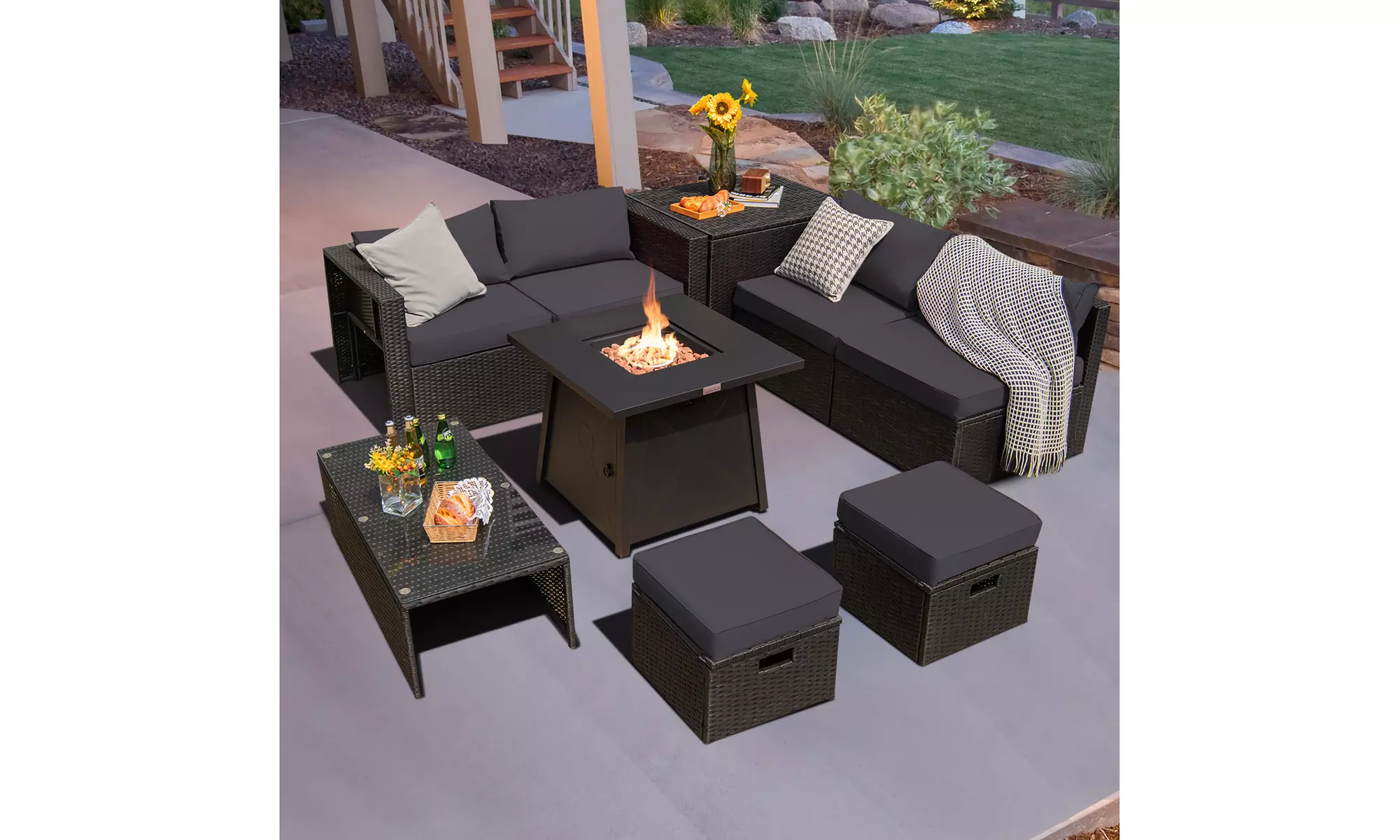Costway 9PCS Patio Rattan Furniture Set Fire Pit Space-saving W/Cover  Cushion