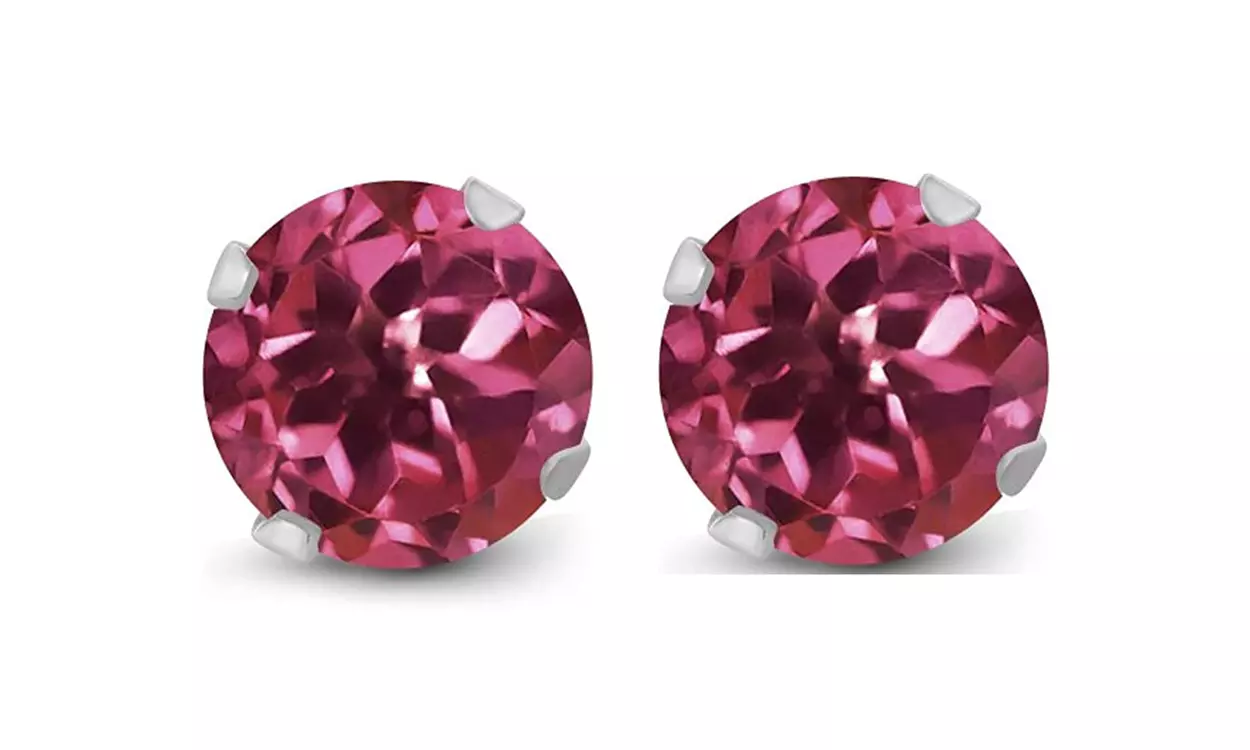  14k white Gold Plated Round Pink Tourmaline Stud Earrings - Primary Image