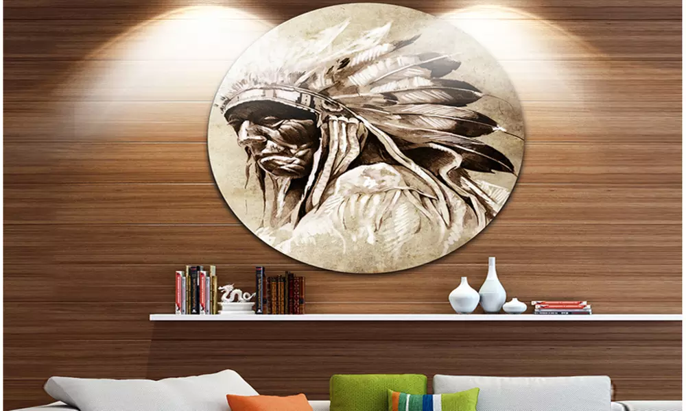 Vintage Style Indian Head Tattoo' Large Contemporary Circle Metal Wall Arts - Primary Image