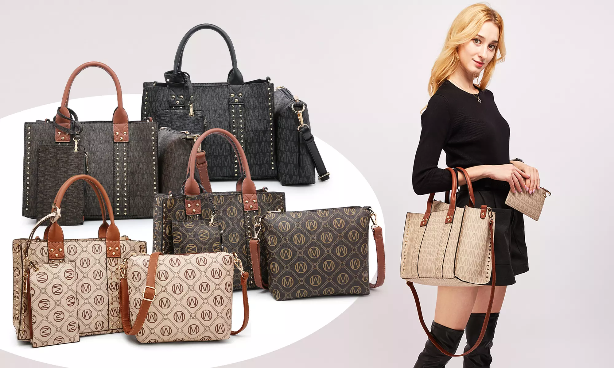 Stella  M logo Faux Leather Monogram Tote Bag with Matching Pouch and Wallet - Primary Image