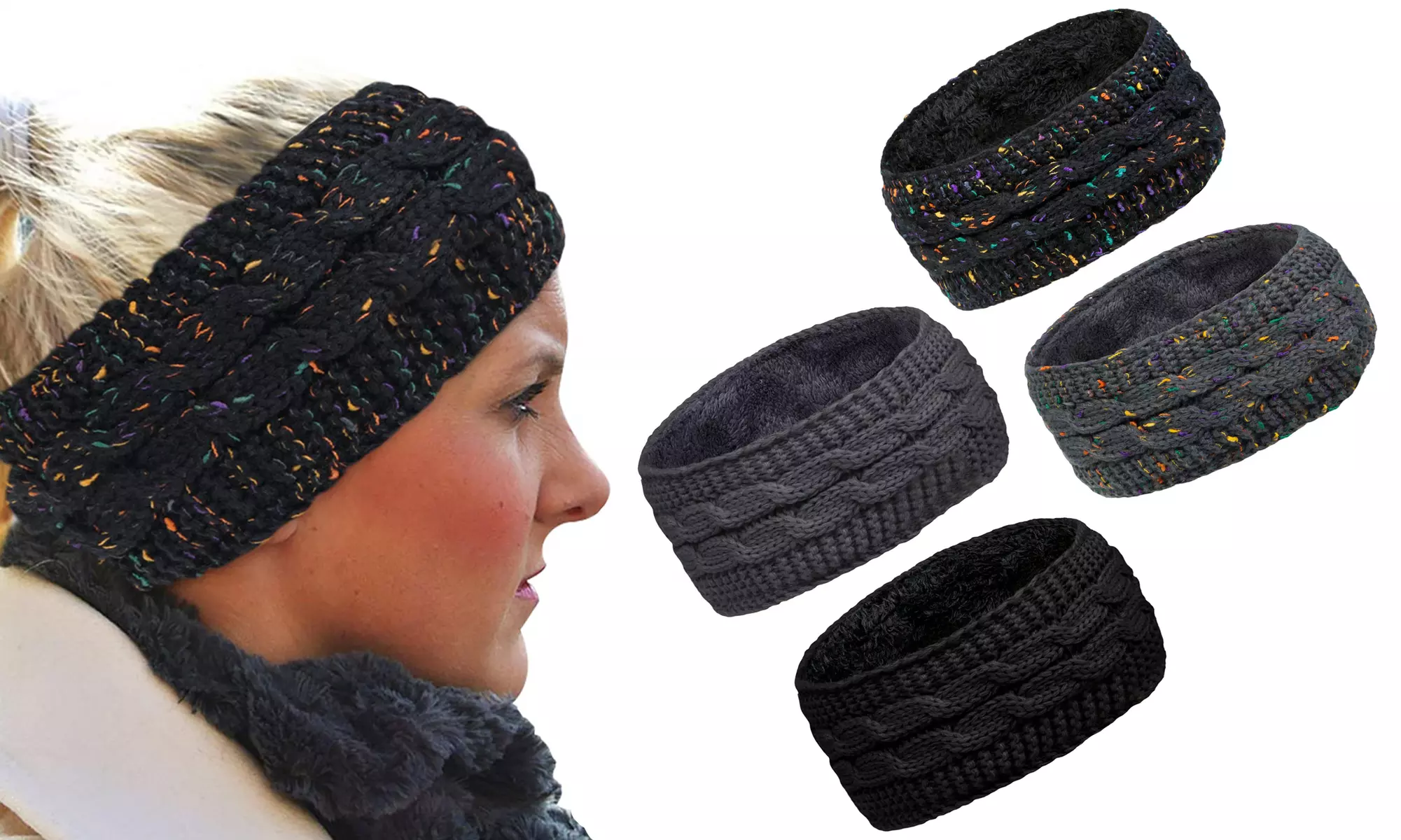 2 Pcs Winter Headbands Fuzzy Fleece Lined Ear Warmer Cable Knit Thick Crochet - Primary Image