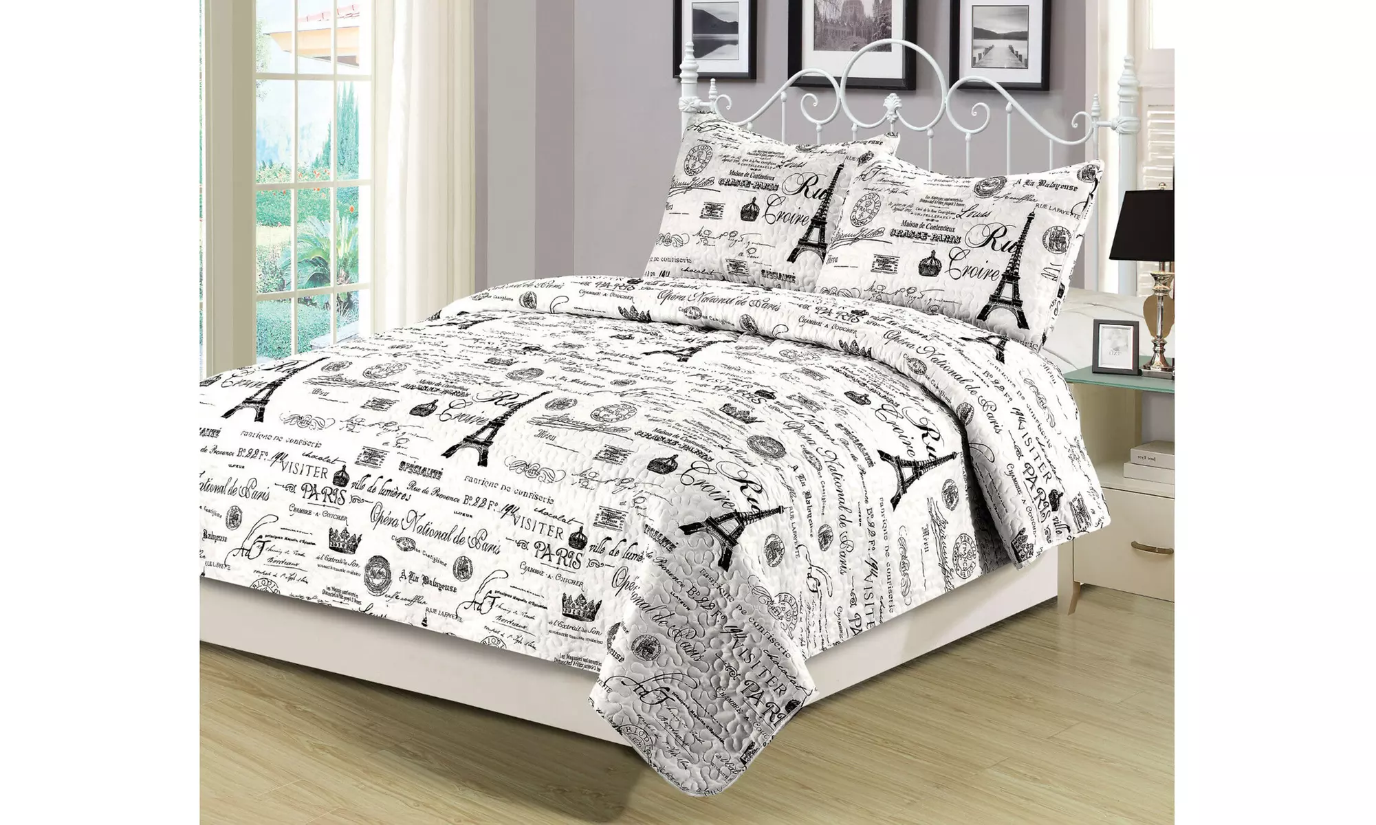 Queen Size Bedding Quilt Set Eiffel Tower Black White Design - Primary Image