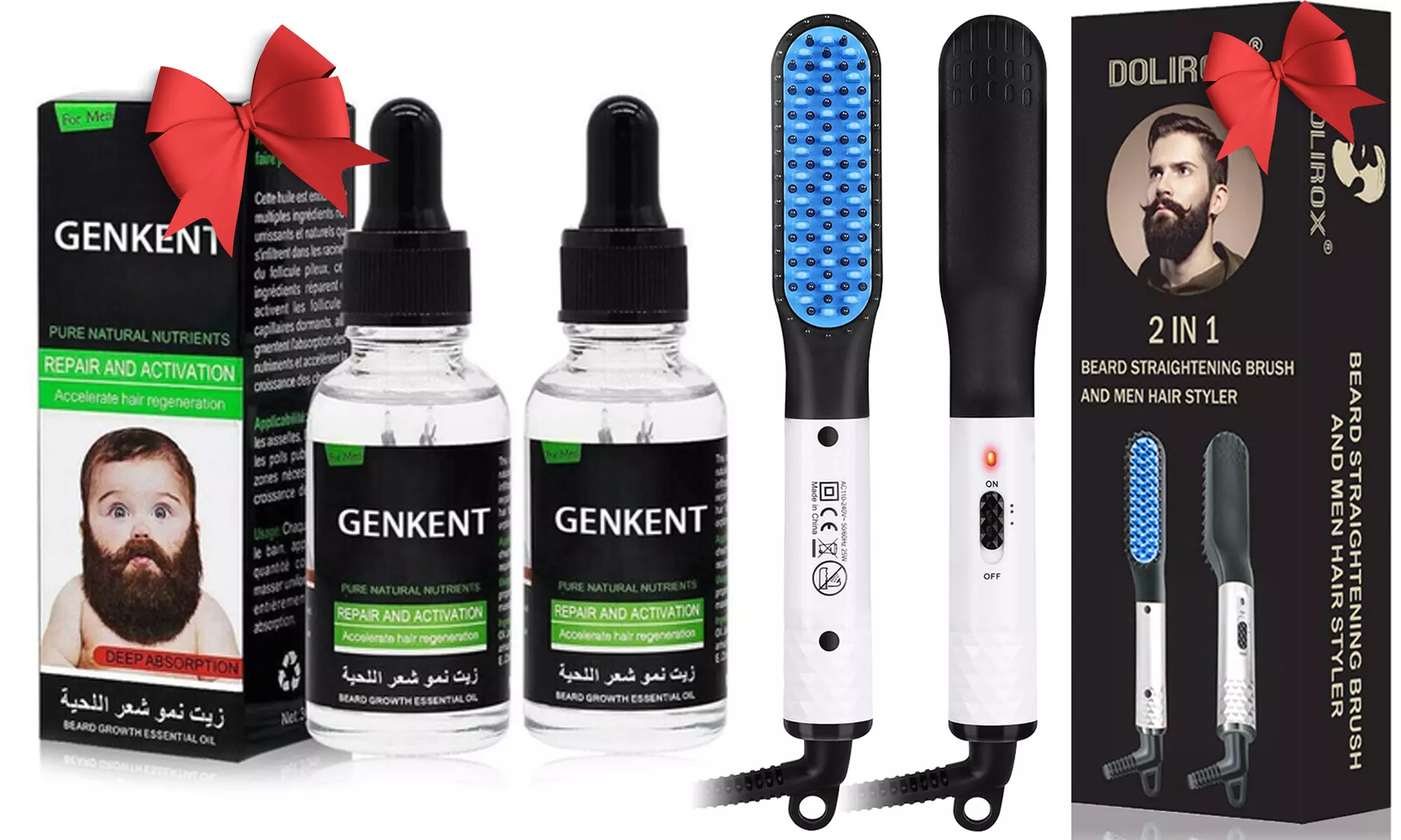 Mens Beard Straightening Electric Hot Comb Fast Heated Brush & Beard Growth Oils - Primary Image