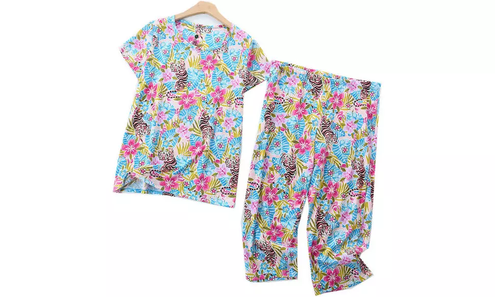 Women Fun Prints Pajama Set Tops Capri Pants Casual Short Sleeve Lounge Wear - Second Medium