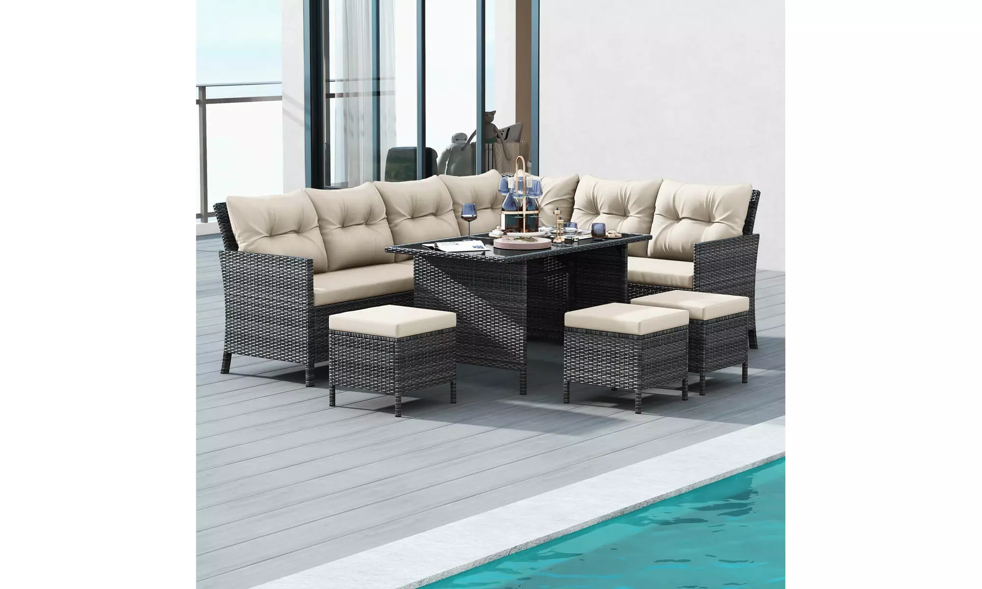 Costway 7-Piece PE Rattan Patio Dining and Sectional Sofa Set