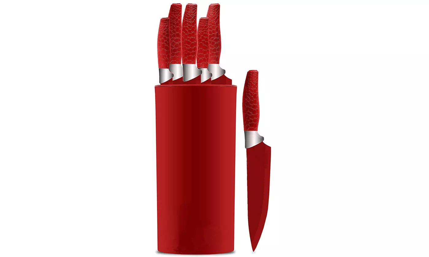 Kitchen Knives 7 Piece Knife Block Set Solid Red  - Primary Image