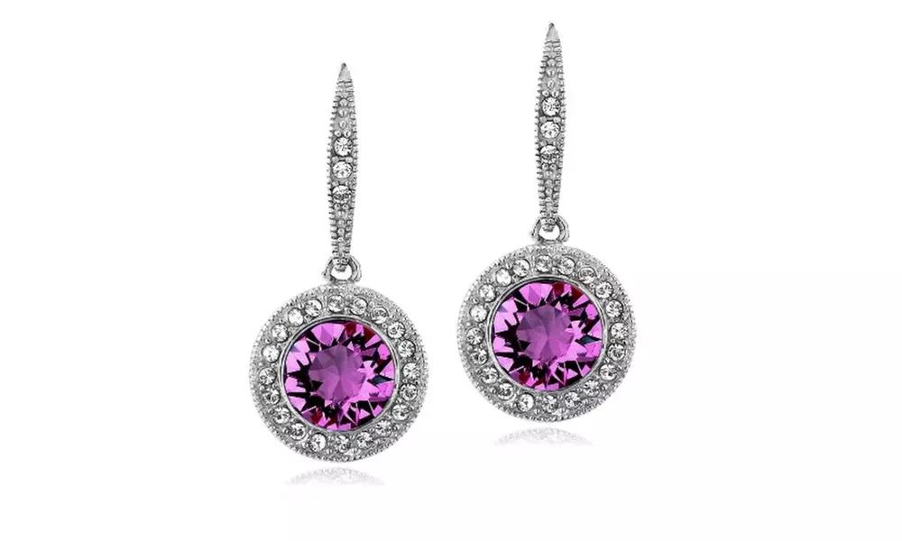 Purple & Clear Round Halo Leverback Dangle Earrings Made with European Crystals - Primary Image
